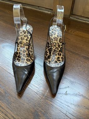 DOLCE & GABBANA VTG Black Leather Slingback Heel Pointed Toe (leopard) Size 38.5